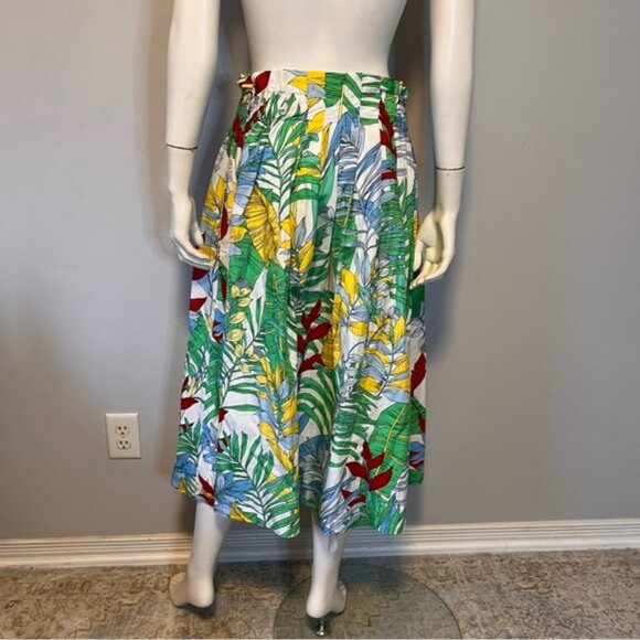 Zara Green Tropical Print Paper Bag A-Line Midi Skirt Size L - Picture 10 of 11